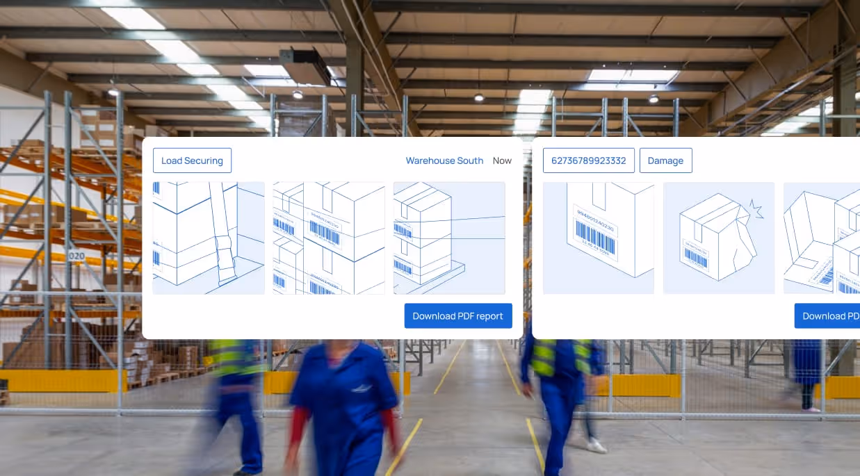 A warehouse aisle with the Blimp load securing report shown over it