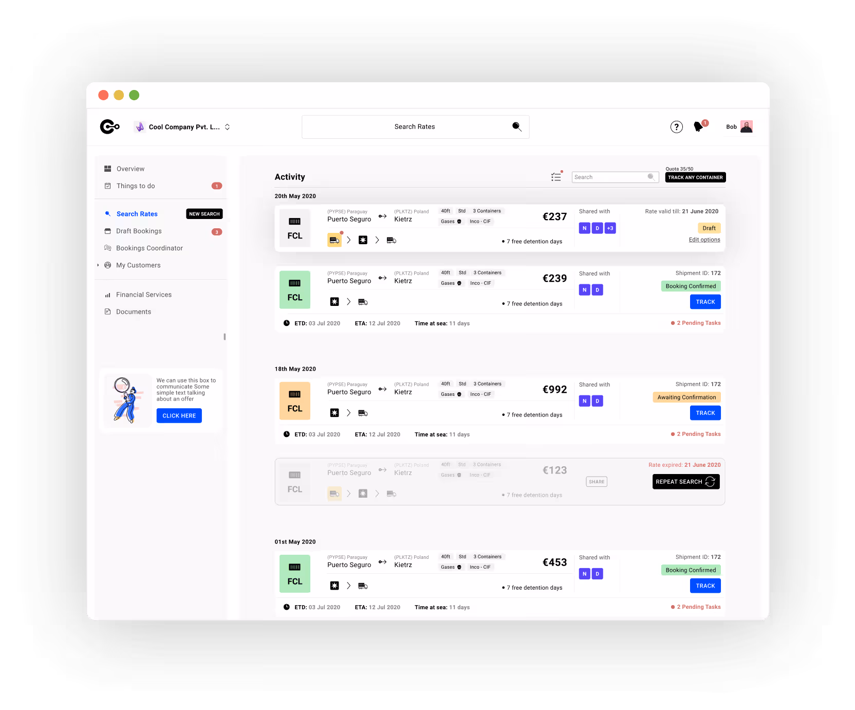 The Cogoport booking interface showing freight rates and shipment activity